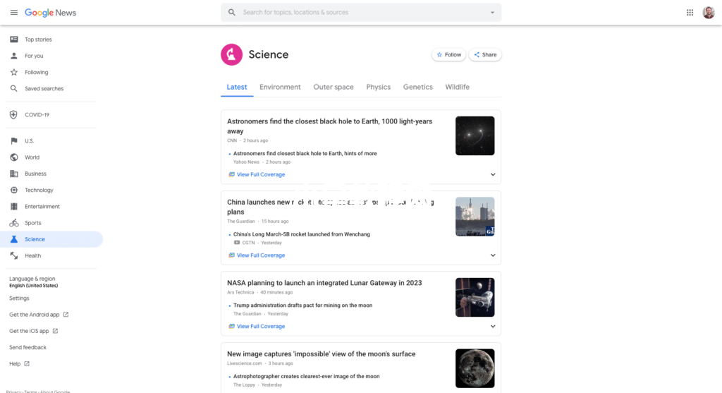 Google新聞上的科學(xué)故事示例頁面