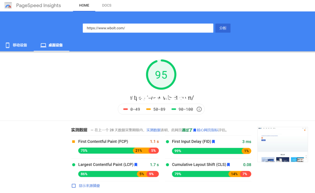 閃電博網(wǎng)站Pagespeed Insights檢測分數(shù)