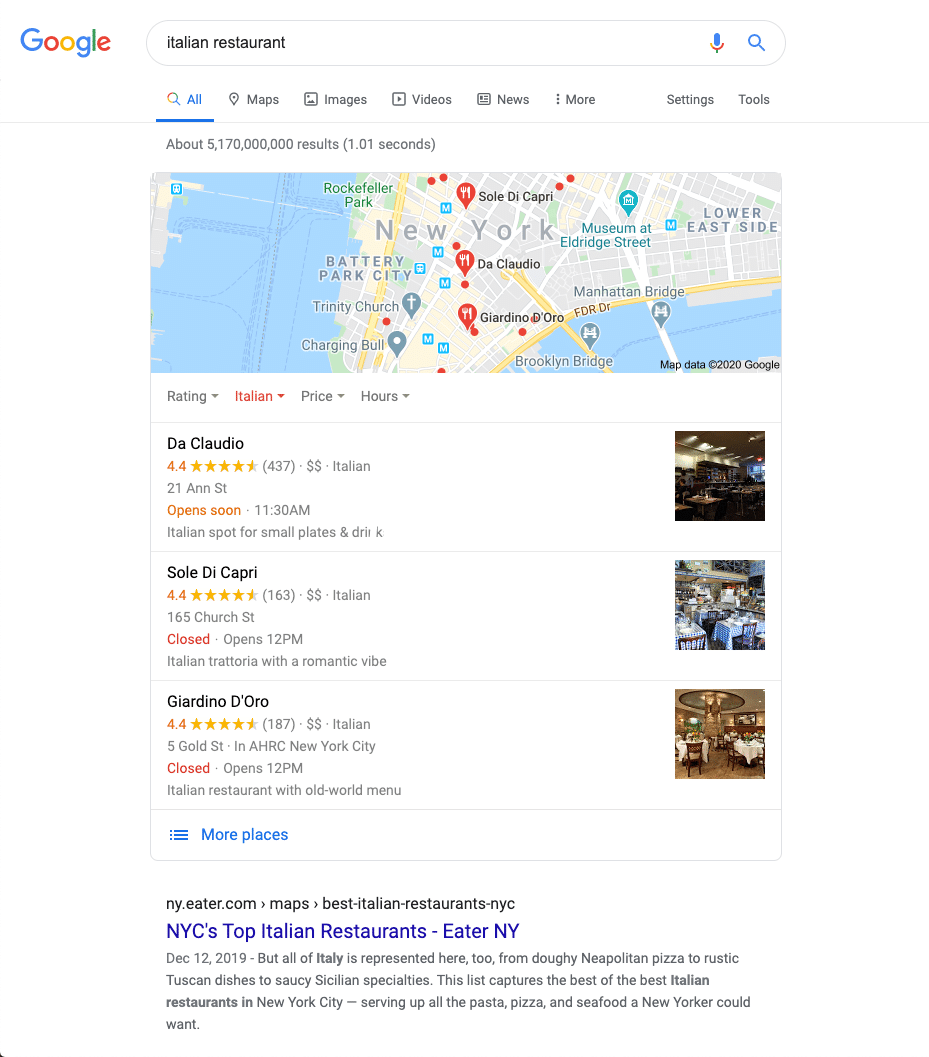 Google針對“意大利餐廳”的本地搜索結果展示