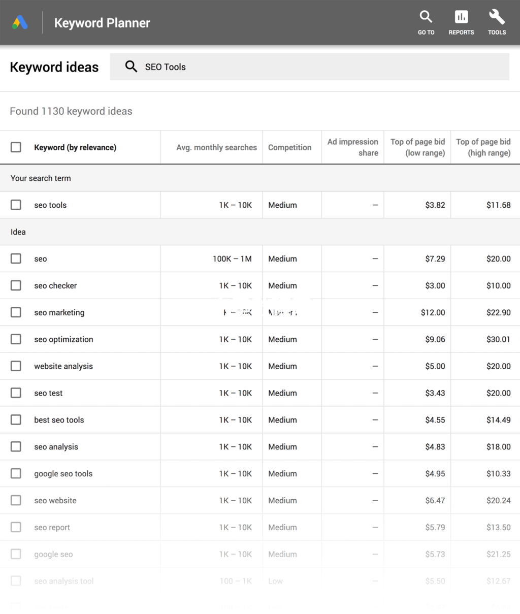 Google Keyword Planner 關(guān)于SEO工具的查詢結(jié)果