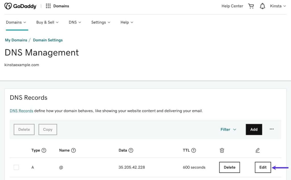 在GoDaddy DNS管理中編輯A記錄