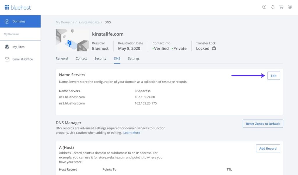 Bluehost DNS管理儀表板