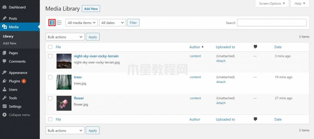 WordPress媒體庫列表視圖