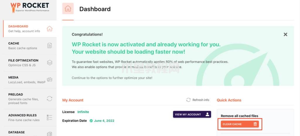 WP Rocket儀表盤