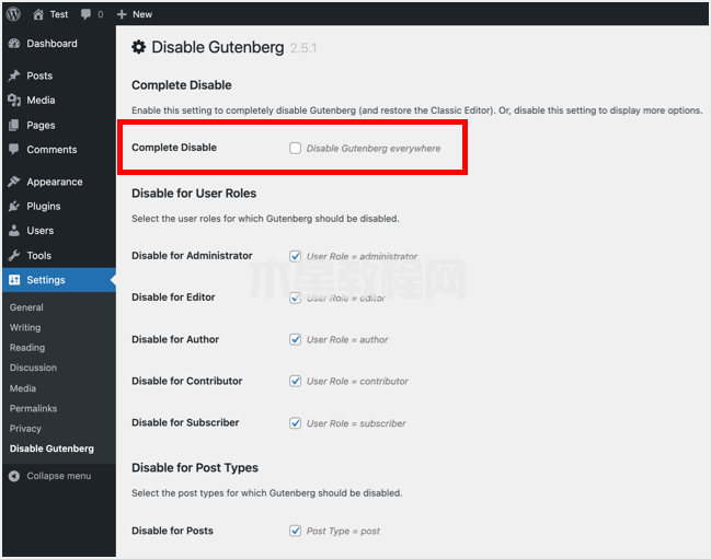 Disable Gutenberg插件設(shè)置