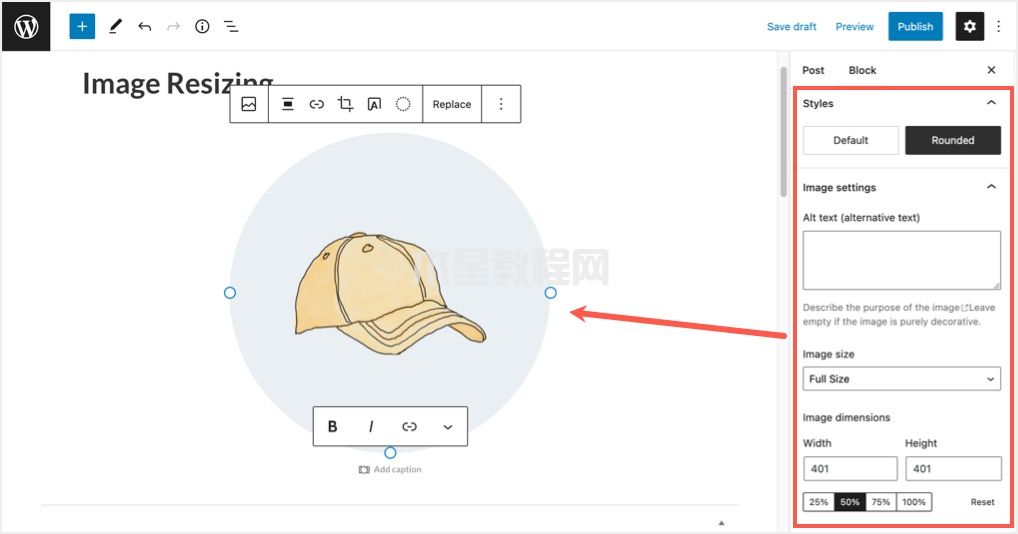 從Gutenberg的區(qū)塊設(shè)置中調(diào)整圖像大小