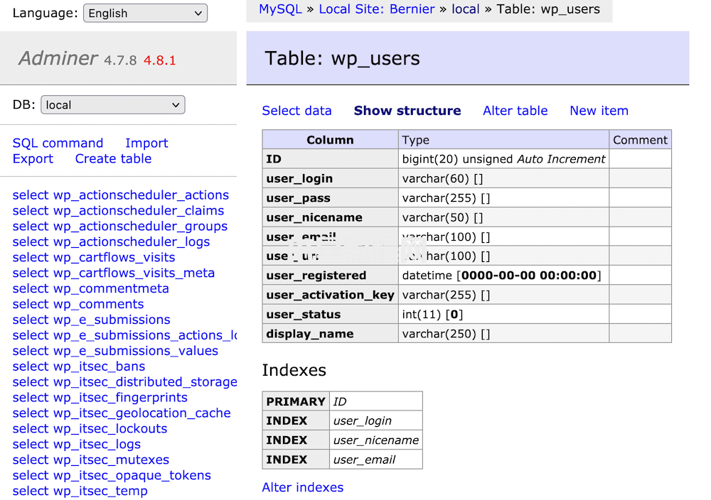 adminer查看wp_users數(shù)據(jù)表